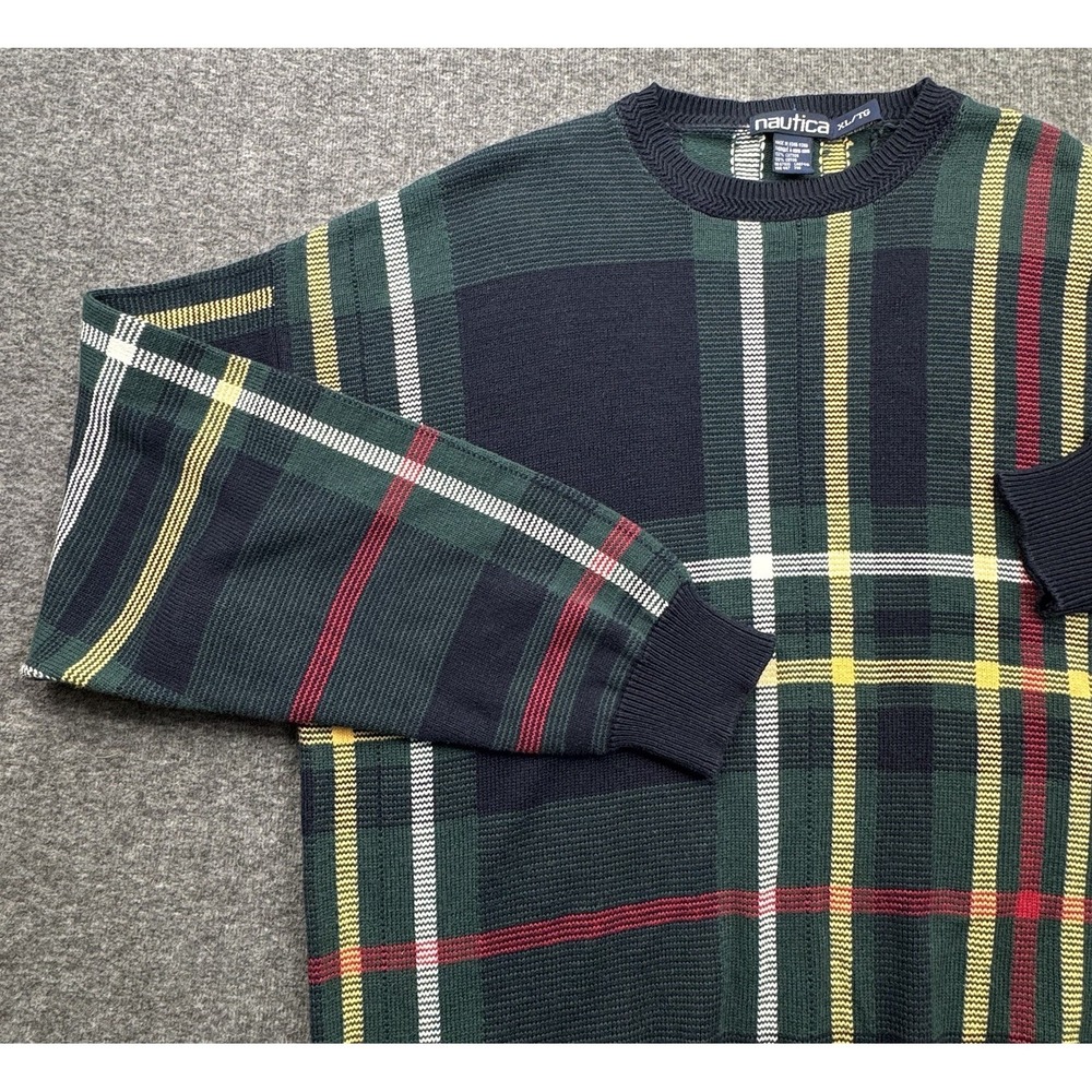 Nautica Mens‎ Sz XL Sweater Pullover Cotton Plaid 90s Christmas Vtg Cabincore